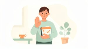 穏やかな笑顔で手のひらを向けて断る人。自分の予定カレンダーを守る「Noと言う練習」を表したイラスト