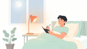 夜のベッドで明日の1歩をノートに書き留め、ほっとした表情で眠りにつく人。失敗を引きずる自己嫌悪の夜を手放す様子を表したイラスト