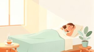 布団の中で目を閉じて静かに休む人。落ち込んだ日は無理しなくていい、と伝える寄り添いのイラスト