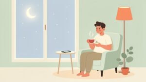夜の窓辺でスマホを伏せて、月明かりの下であたたかいお茶を手に持つ人。他人と比べて落ち込む夜にSNSを閉じて自分に戻る様子を表したイラスト