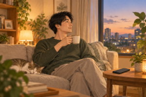 スマートフォンをテーブルに置き、穏やかな時間を過ごす男性のイラスト