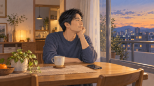 夕暮れの部屋でスマートフォンをそばに置き、一日を静かに振り返る男性のイラスト