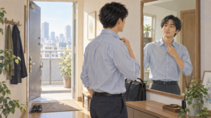 出勤前に鏡を見ながら身だしなみを整える男性会社員のイラスト