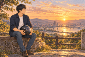 ヘルメットを膝に置き、夕暮れの景色を眺める男性のイラスト