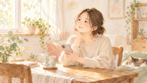 スマートフォンを手に、テーブルで返信を考える女性の水彩イラスト